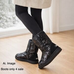 UGG Australia Classic Short Sequin Boots Black Sheepskin Fur Lined Women 8 Glam